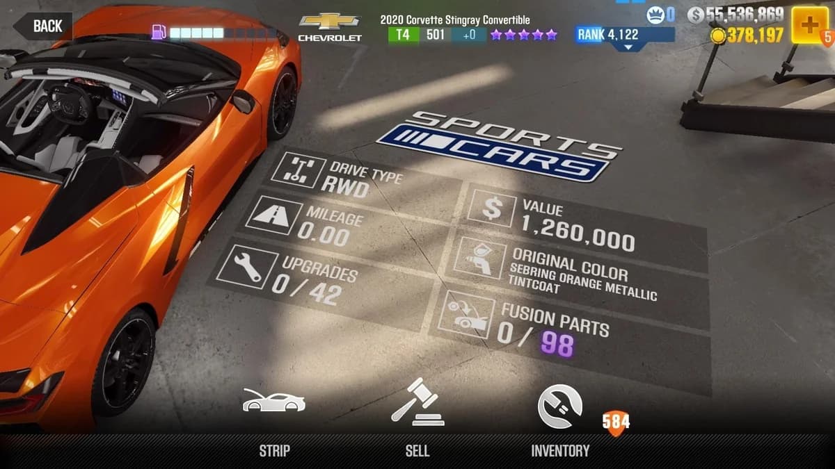 Chevrolet 2020 Corvette Stingray Convertible CSR2 fusion parts and upgrade breakdown, tier 4 purple star car