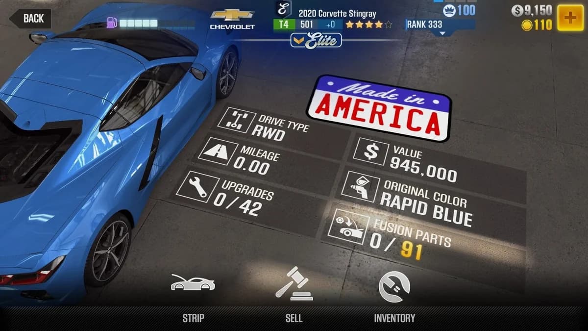 Chevrolet 2020 Corvette Stingray CSR2 fusion parts and upgrade breakdown, tier 4 purple star car