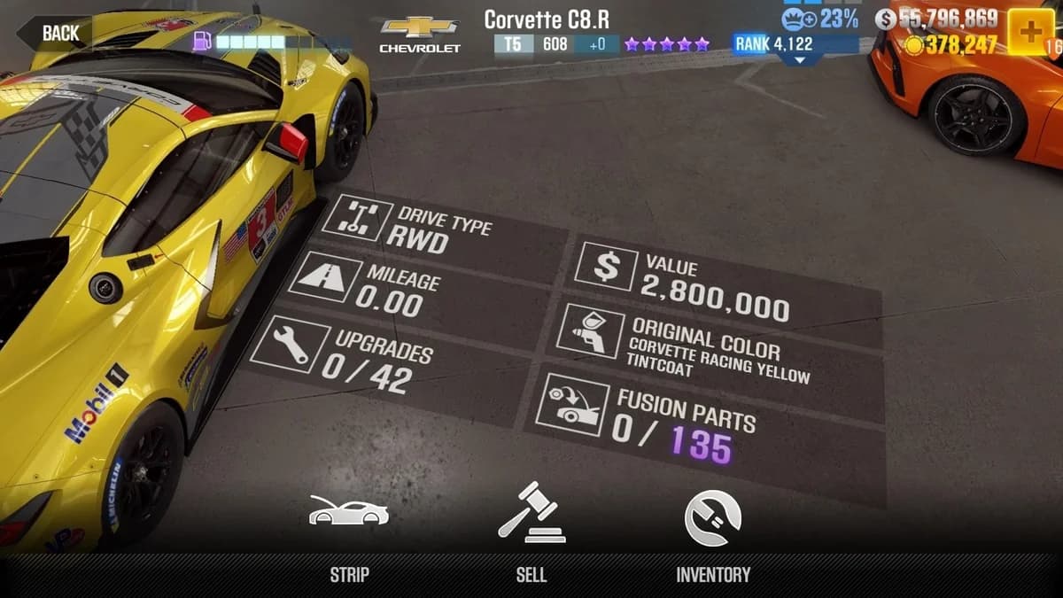 Chevrolet Corvette C8.R (Yellow) CSR2 fusion parts and upgrade breakdown, tier 5 purple star car