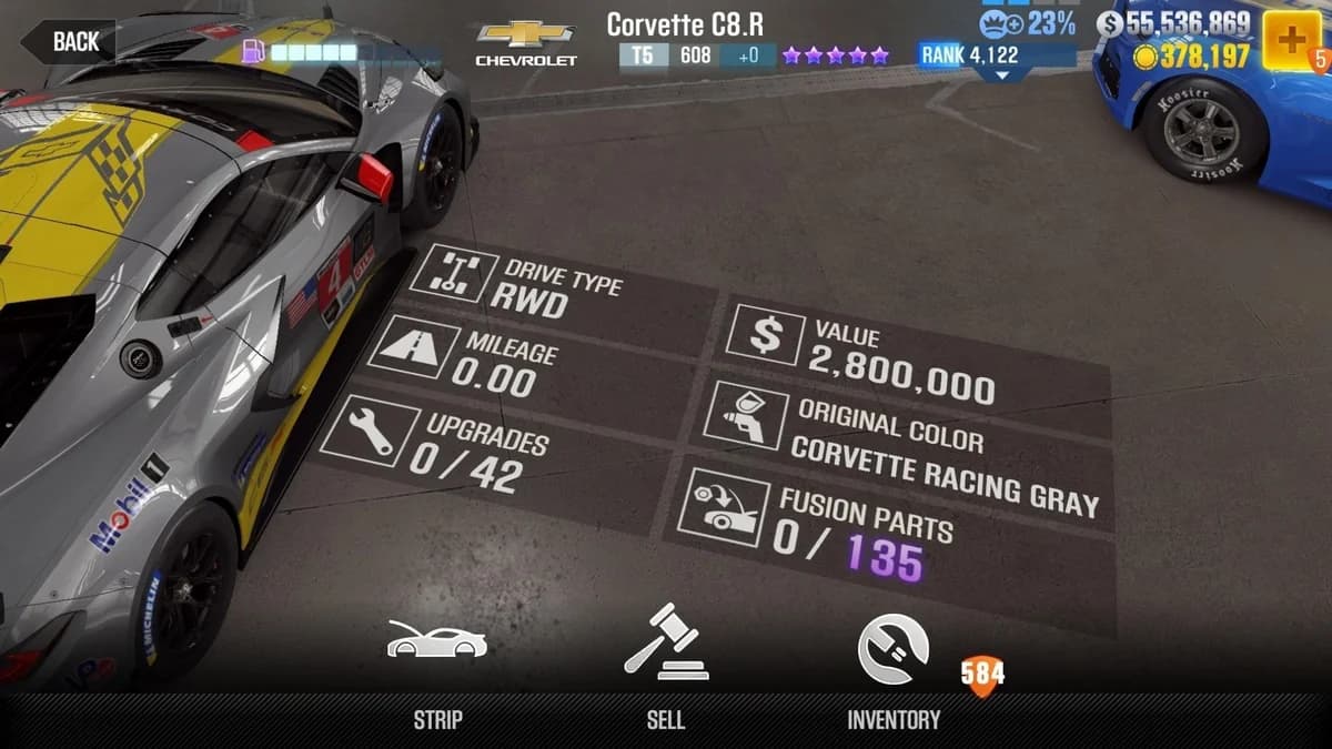 Chevrolet Corvette C8.R (Grey) CSR2 fusion parts and upgrade breakdown, tier 5 purple star car