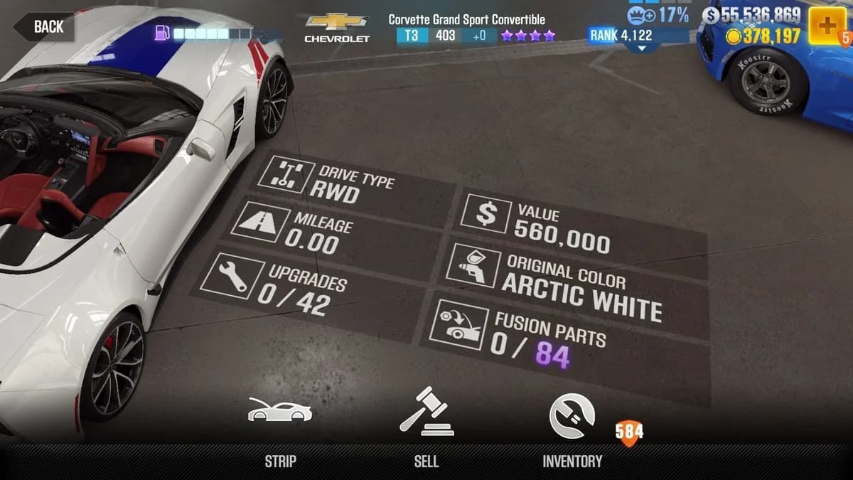 Chevrolet Corvette Grand Sport Convertible CSR2 fusion parts and upgrade breakdown, tier 3 purple star car