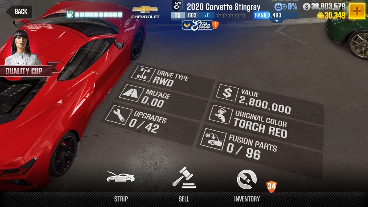 Chevrolet 2020 Corvette Stingray (E.C. Level 0) CSR2 fusion parts and upgrade breakdown, tier 5 purple star car