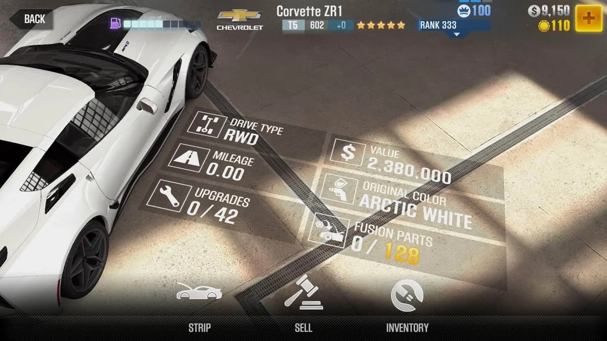 Chevrolet Corvette ZR1 2018 CSR2 fusion parts and upgrade breakdown, tier 5 purple star car