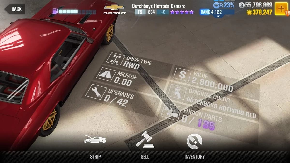 Chevrolet Dutchboys Hotrods Camaro (Red) CSR2 fusion parts and upgrade breakdown, tier 5 purple star car