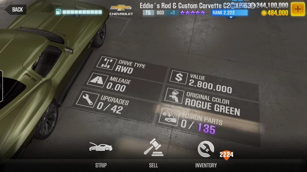 Chevrolet Eddie's Rod & Custom Corvette C2 'XP-63' CSR2 fusion parts and upgrade breakdown, tier 5 purple star car