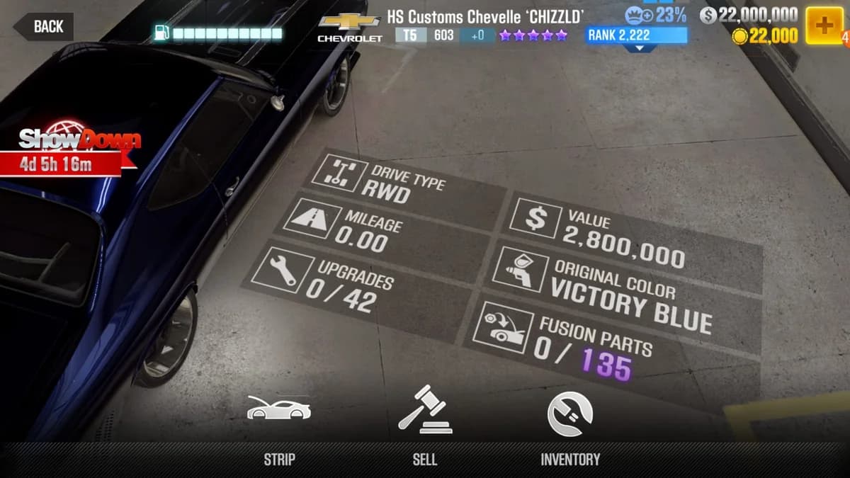 Chevrolet HS Customs Chevelle 'CHIZZLD' CSR2 fusion parts and upgrade breakdown, tier 5 purple star car