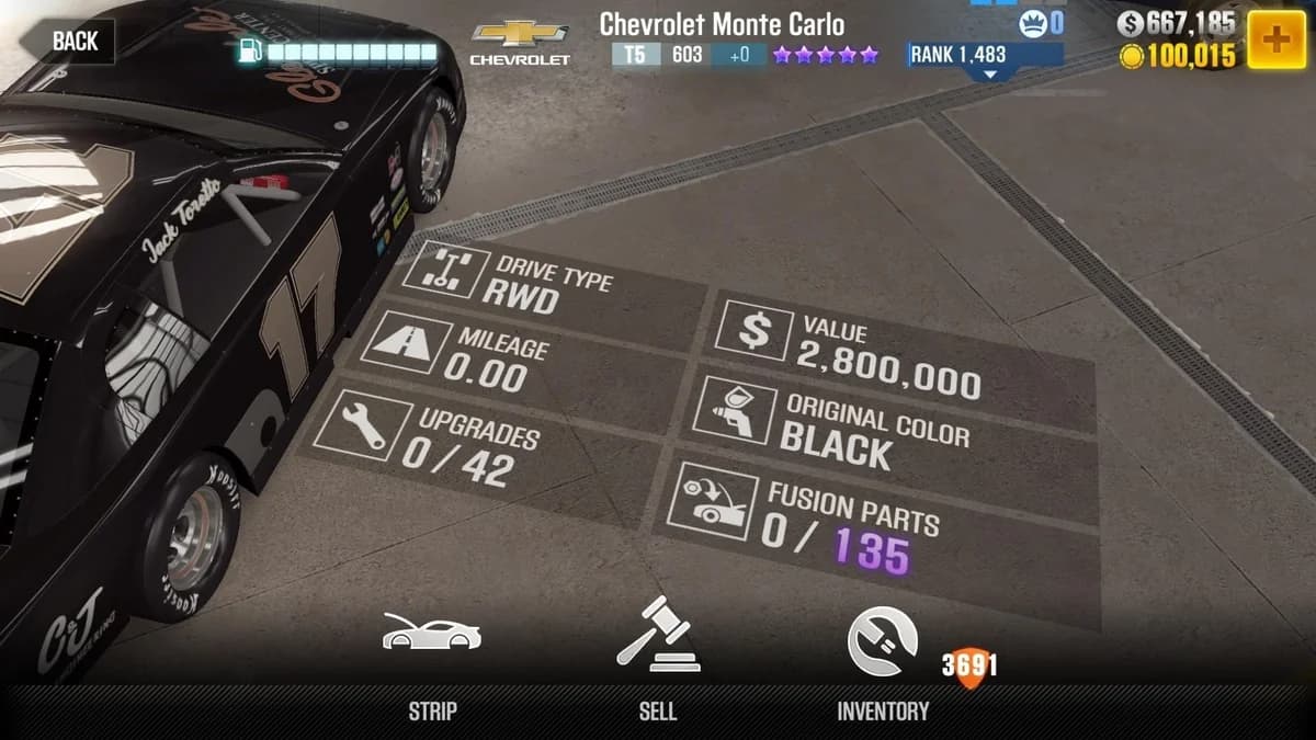 Jack Toretto's Chevrolet Monte Carlo (FnF) CSR2 fusion parts and upgrade breakdown, tier 5 purple star car