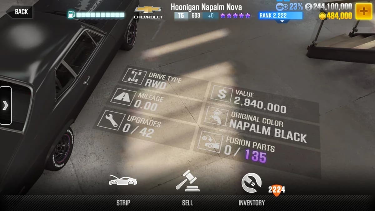 Chevrolet Hoonigan Napalm Nova CSR2 fusion parts and upgrade breakdown, tier 5 purple star car