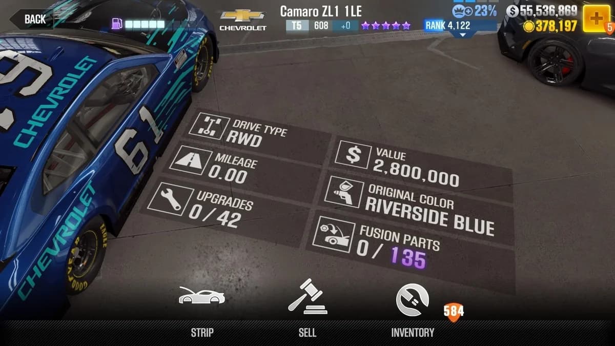 Chevrolet ForeverLawn Zero Camaro ZL1 1LE NASCAR® CSR2 fusion parts and upgrade breakdown, tier 5 purple star car