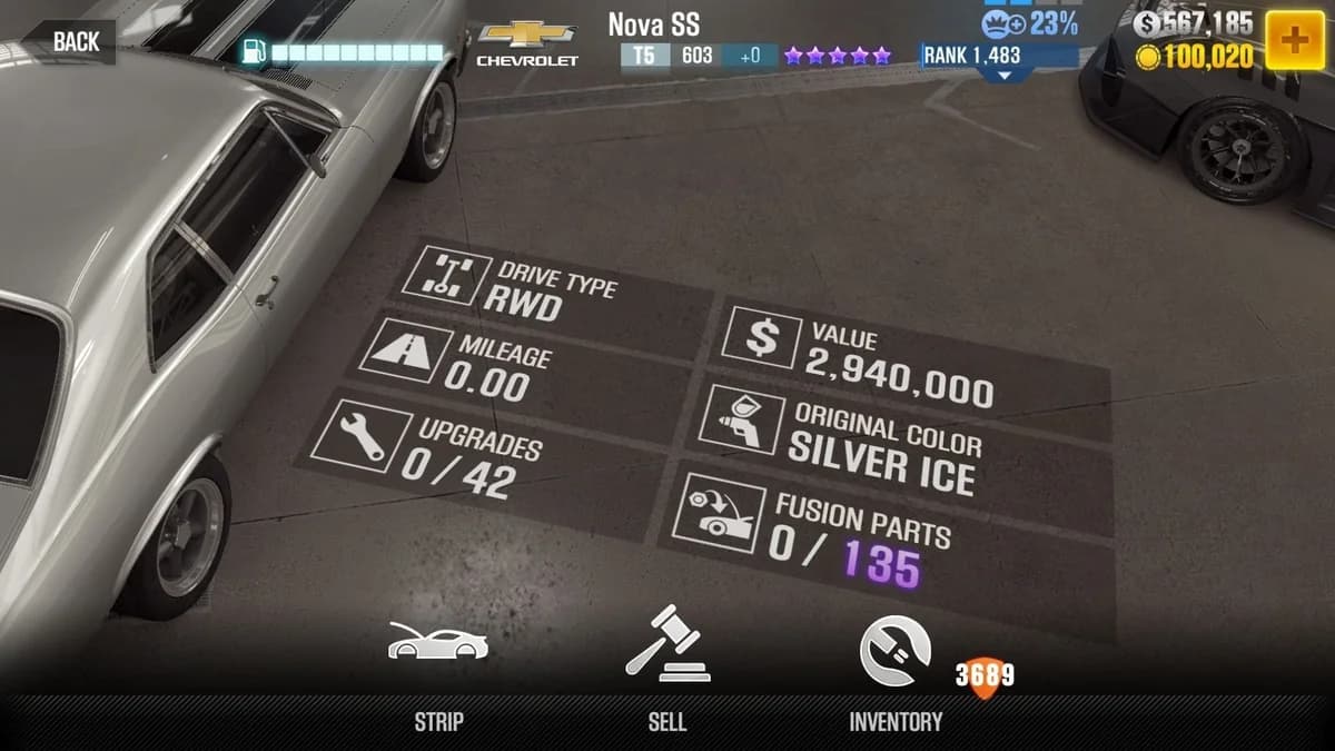Letty's Chevrolet Nova SS (FnF) CSR2 fusion parts and upgrade breakdown, tier 5 purple star car