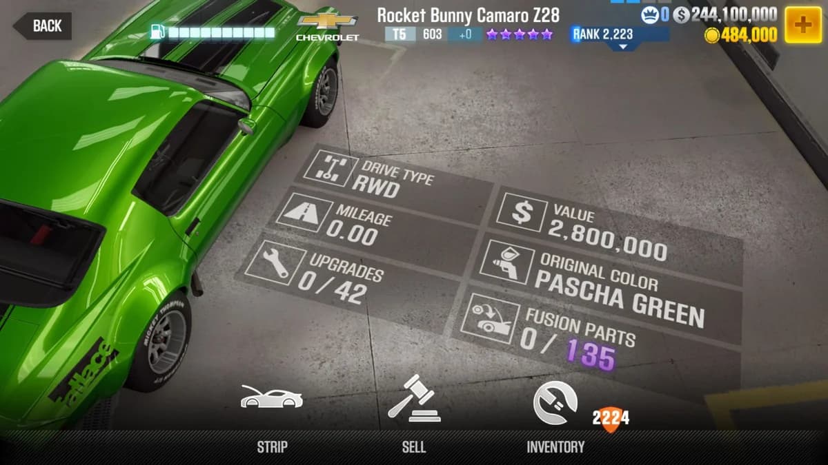 Chevrolet Rocket Bunny Camaro Z28 CSR2 fusion parts and upgrade breakdown, tier 5 purple star car