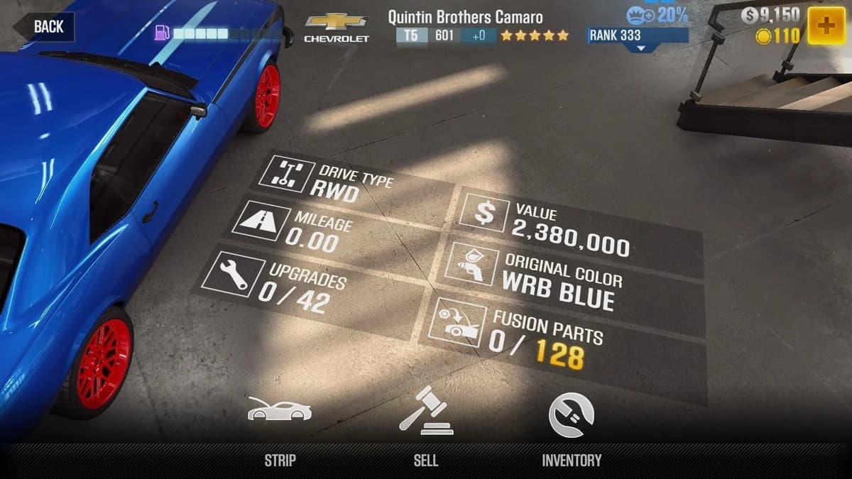 Chevrolet Quintin Brothers Camaro CSR2 fusion parts and upgrade breakdown, tier 5 gold star car