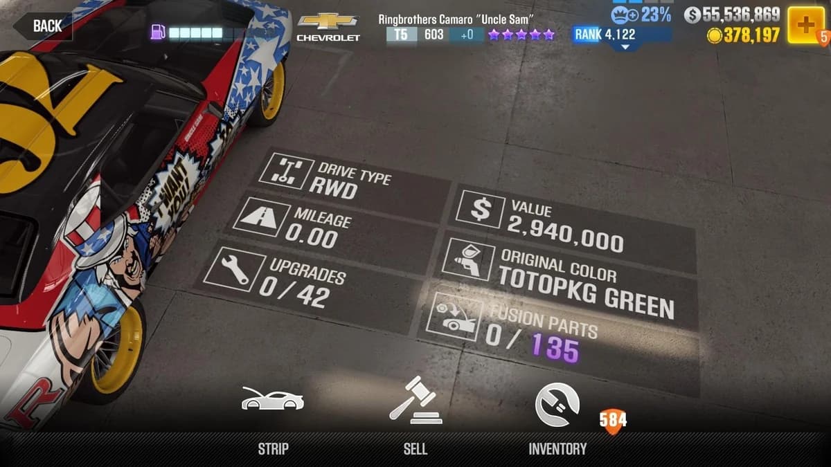 Chevrolet Ringbrothers Camaro ''Uncle Sam'' CSR2 fusion parts and upgrade breakdown, tier 5 purple star car