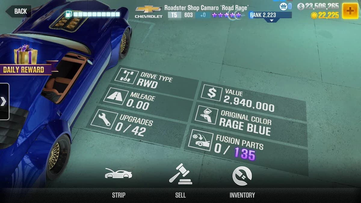 Chevrolet Roadster Shop Camaro 'Road Rage' CSR2 fusion parts and upgrade breakdown, tier 5 purple star car