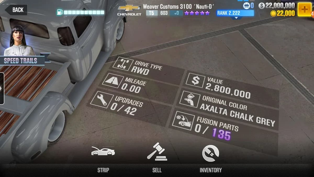 Chevrolet Weaver Customs 3100 'Nauti-D' CSR2 fusion parts and upgrade breakdown, tier 5 purple star car