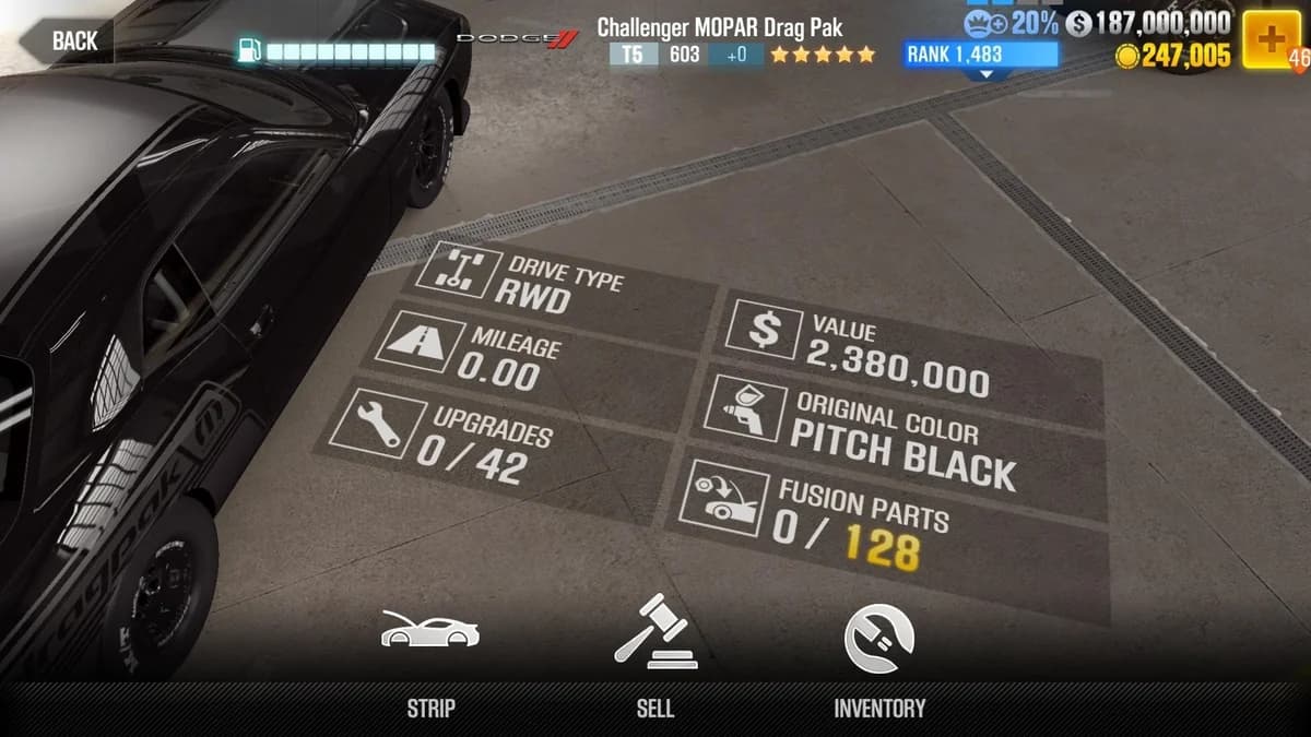 Dodge Challenger MOPAR Drag Pak CSR2 fusion parts and upgrade breakdown, tier 5 gold star car