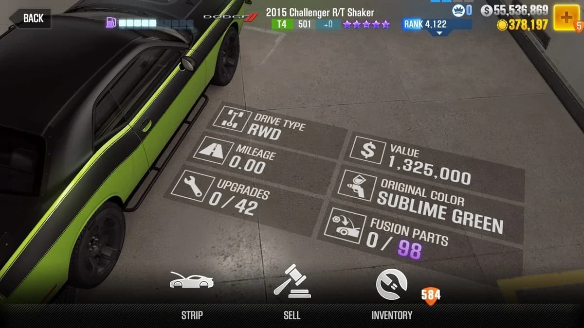 Letty's Dodge 2015 Challenger R/T Shaker (FnF) CSR2 fusion parts and upgrade breakdown, tier 4 purple star car