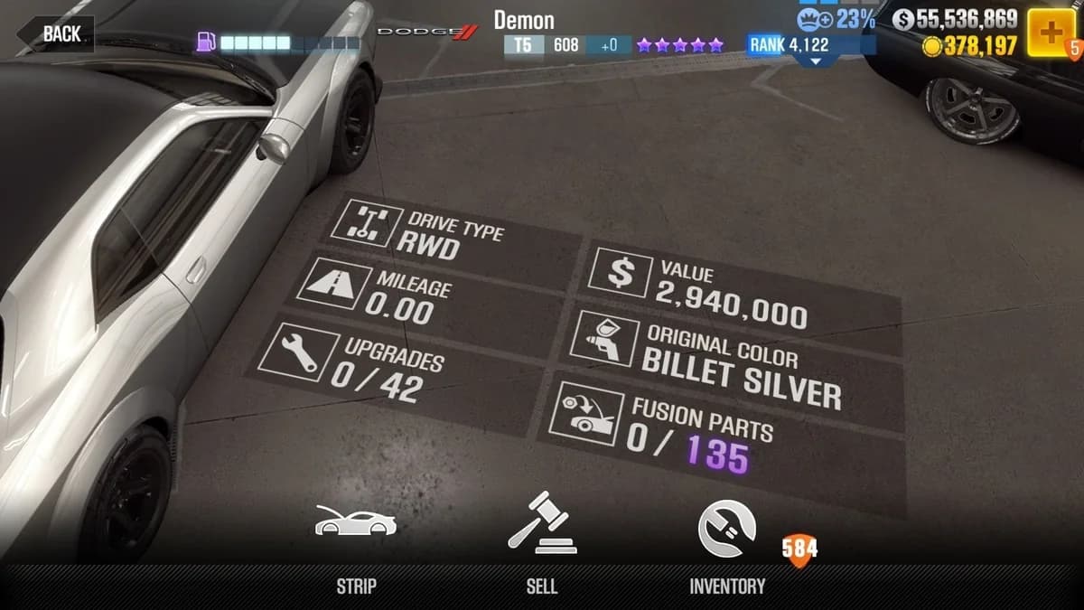 Dom Toretto's Dodge Demon (FnF) CSR2 fusion parts and upgrade breakdown, tier 5 purple star car