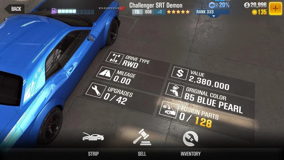 Dodge Challenger SRT Demon CSR2 fusion parts and upgrade breakdown, tier 5 purple star car