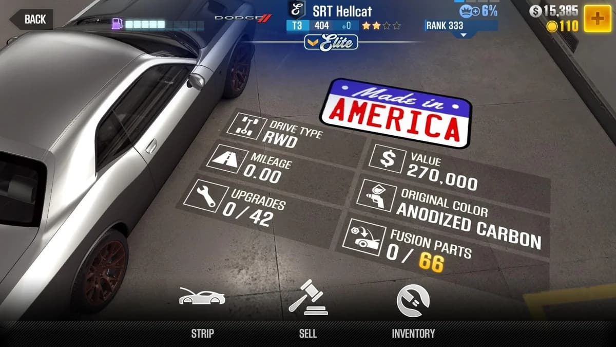 Dodge SRT Hellcat (E.C. Level 0) CSR2 fusion parts and upgrade breakdown, tier 3 gold star car
