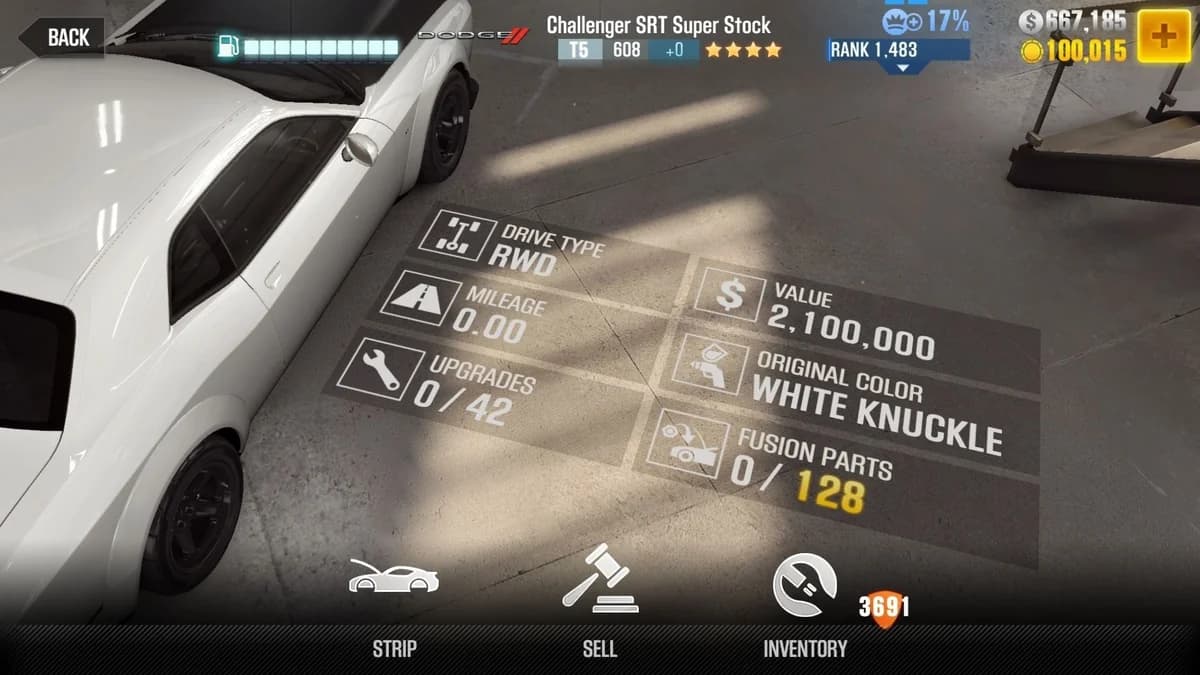 Dodge Challenger SRT Super Stock CSR2 fusion parts and upgrade breakdown, tier 5 gold star car