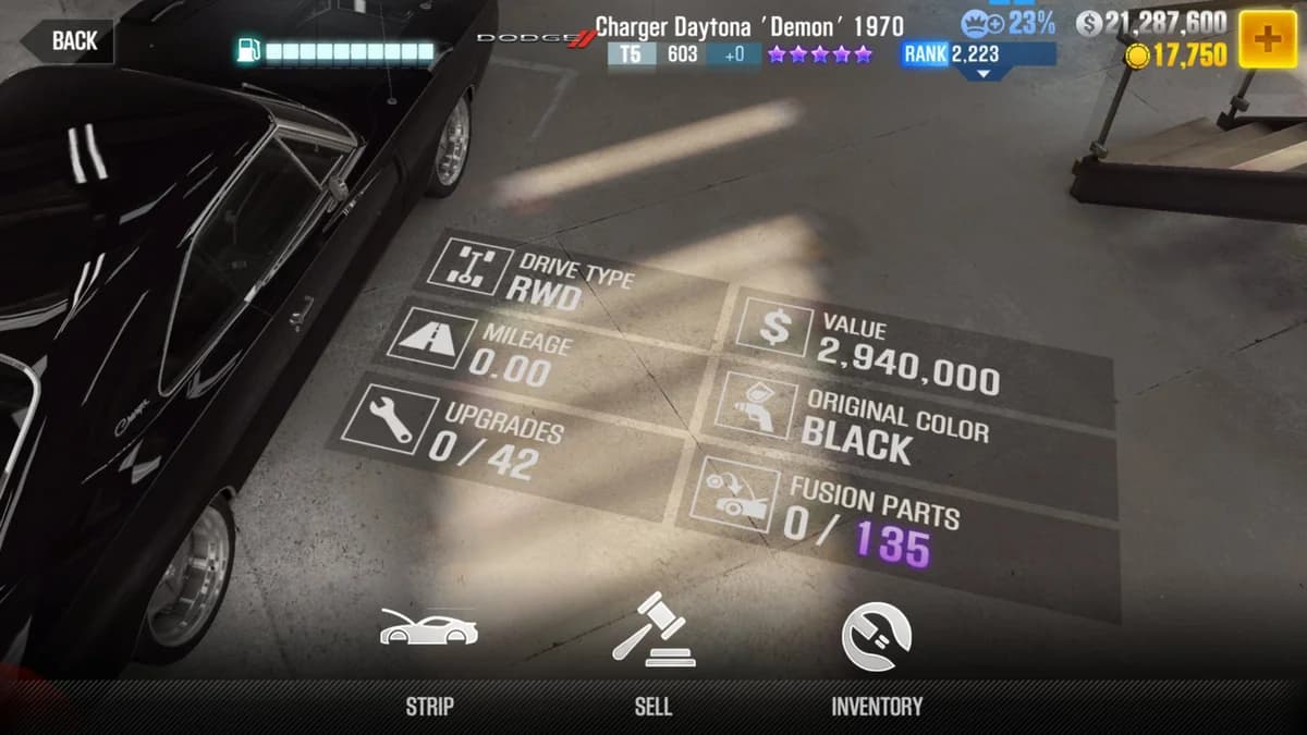 Dodge Charger Daytona 'Demon' 1970 CSR2 fusion parts and upgrade breakdown, tier 5 purple star car