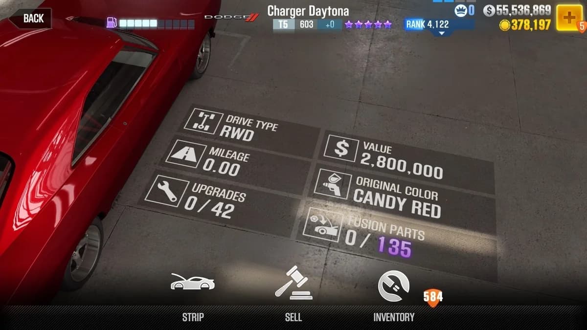 Dom Toretto's Dodge Charger Daytona (FnF) CSR2 fusion parts and upgrade breakdown, tier 5 purple star car
