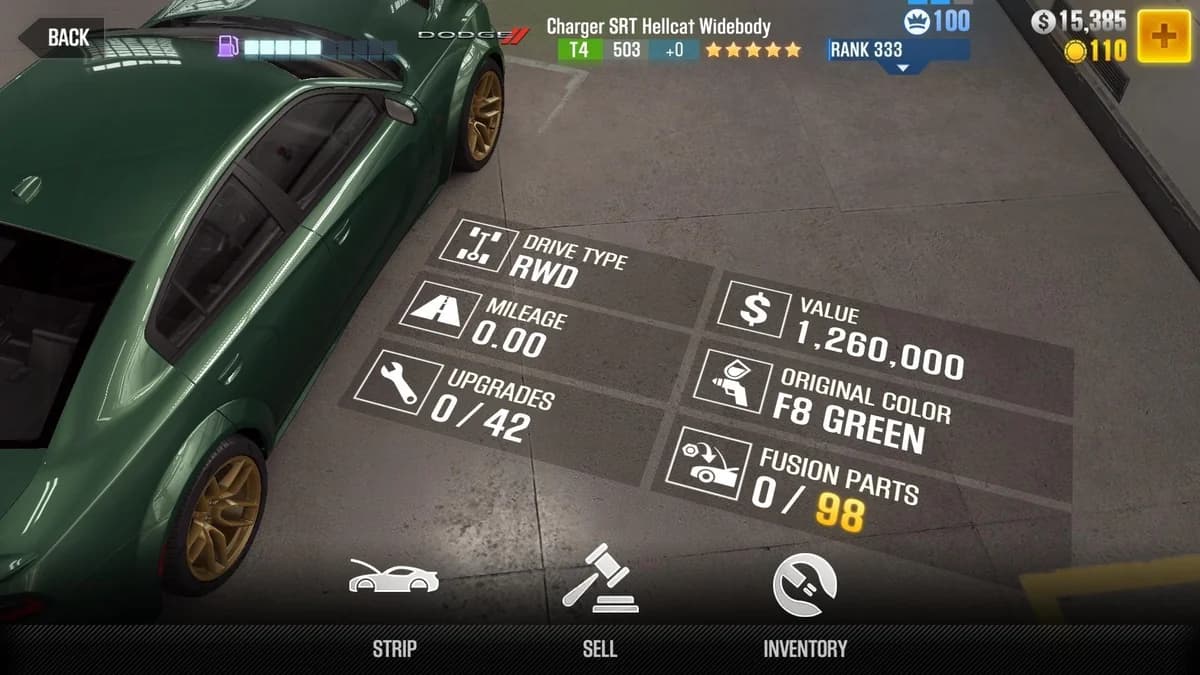Dodge Charger SRT Hellcat Widebody CSR2 fusion parts and upgrade breakdown, tier 4 gold star car