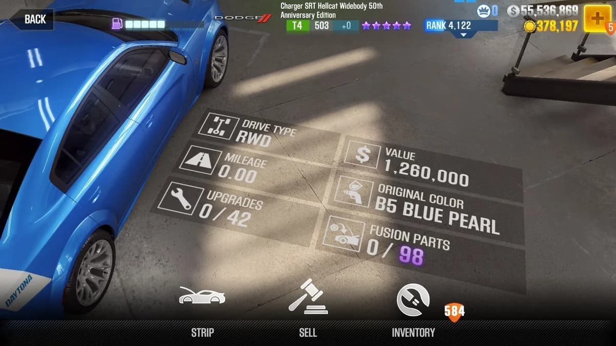Dodge Charger SRT Hellcat Widebody 50th Anniversary Edition CSR2 fusion parts and upgrade breakdown, tier 4 purple star car