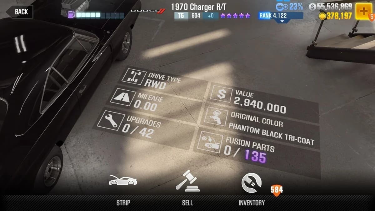 Dom Toretto's Dodge 1970 Charger R/T (FnF-1) CSR2 fusion parts and upgrade breakdown, tier 5 purple star car