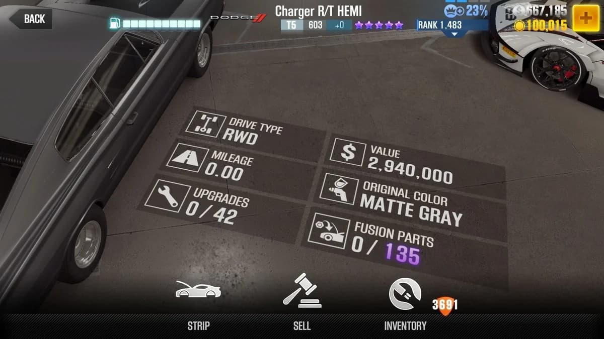 Dom Torreto's Dodge Charger R/T HEMI (FnF) CSR2 fusion parts and upgrade breakdown, tier 5 purple star car