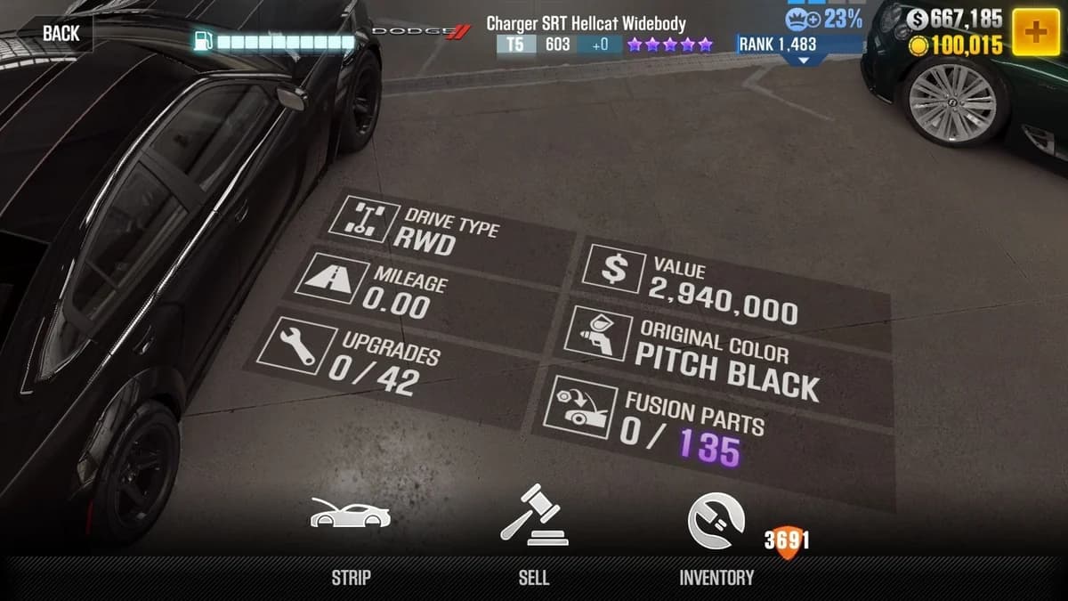 Dom Toretto's Dodge Charger SRT Hellcat Widebody (FnF) CSR2 fusion parts and upgrade breakdown, tier 5 purple star car