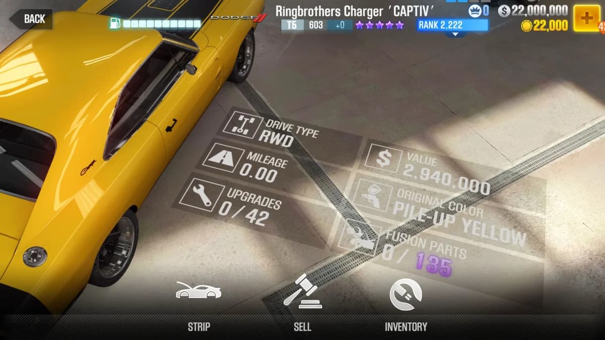 Dodge Ringbrothers Charger 'CAPTIV' CSR2 fusion parts and upgrade breakdown, tier 5 purple star car