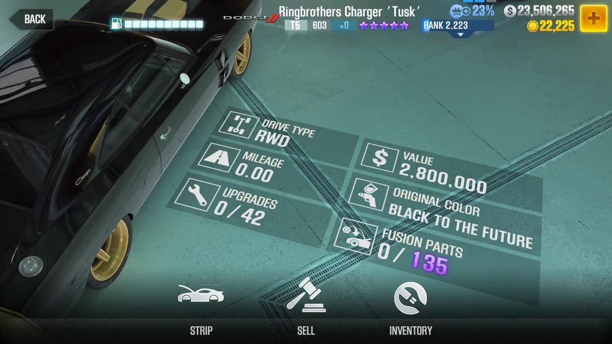 Dodge Ringbrothers Charger 'Tusk' CSR2 fusion parts and upgrade breakdown, tier 5 purple star car