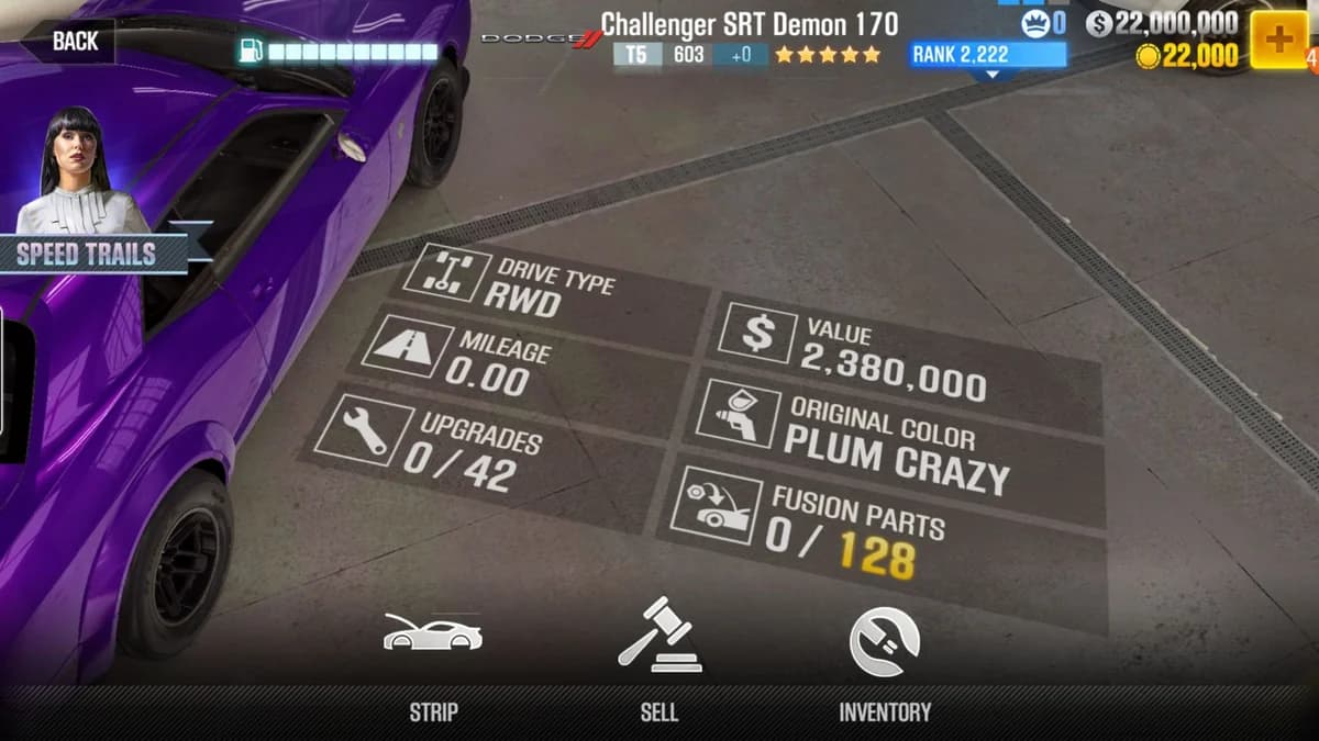 Dodge Challenger SRT Demon 170 CSR2 fusion parts and upgrade breakdown, tier 5 purple star car