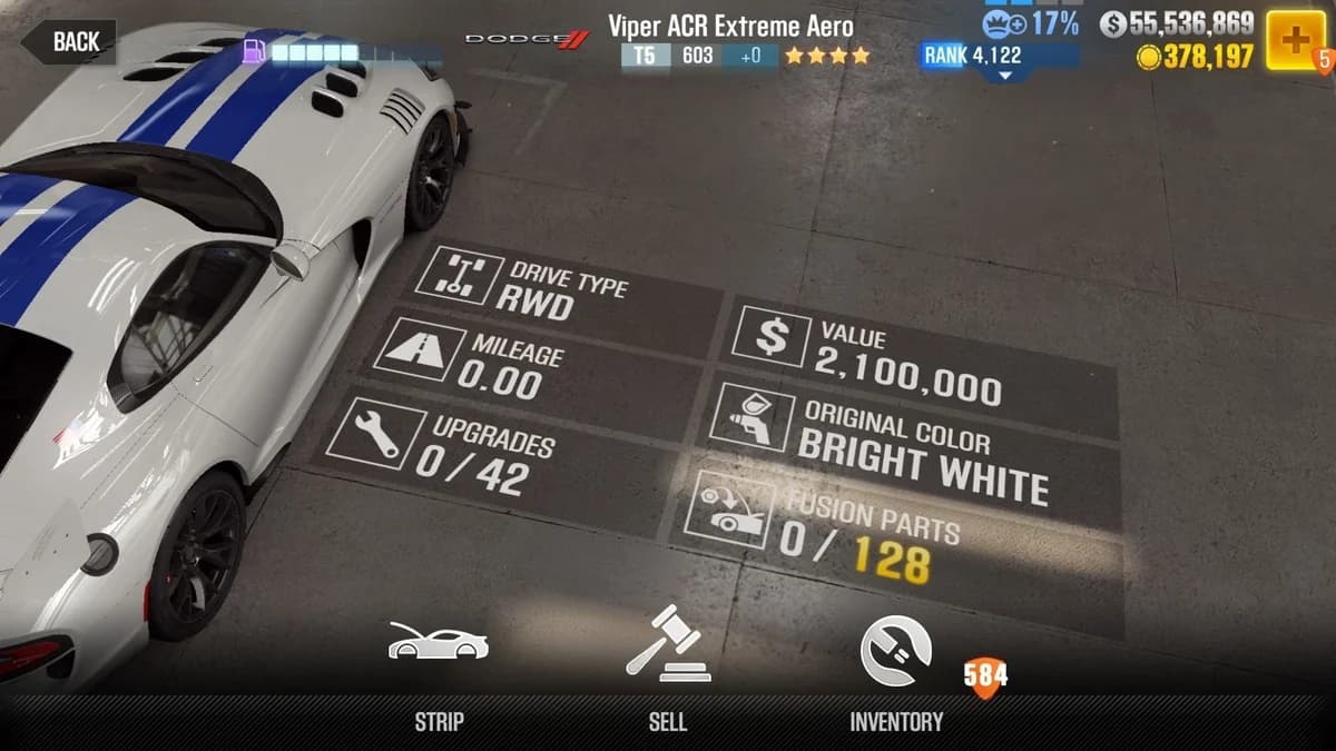 Dodge Viper ACR Extreme Aero CSR2 fusion parts and upgrade breakdown, tier 5 gold star car