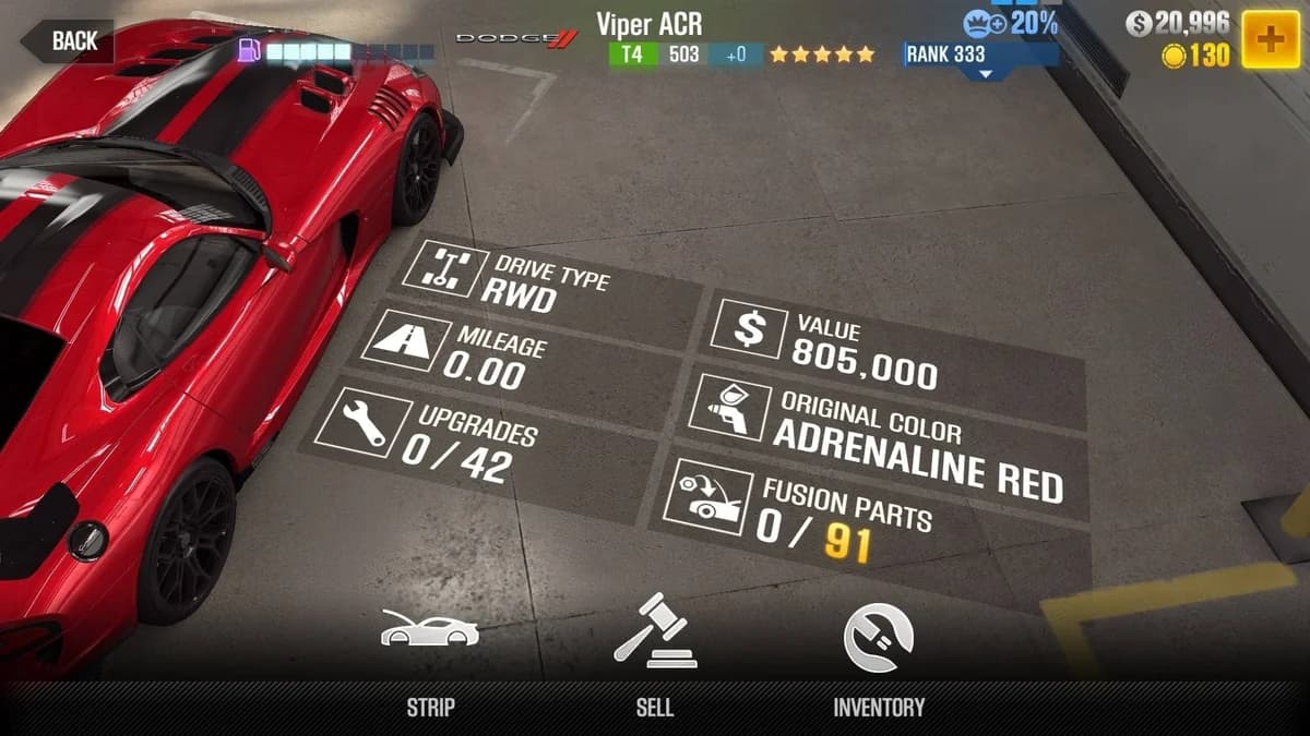 Dodge Viper ACR CSR2 fusion parts and upgrade breakdown, tier 4 gold star car