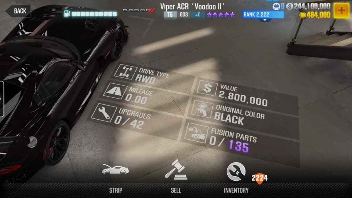 Dodge Viper ACR Extreme Aero 'Vooodoo II' CSR2 fusion parts and upgrade breakdown, tier 5 purple star car