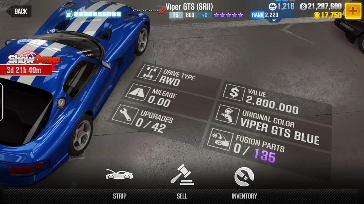 Dodge Viper GTS (SRII) CSR2 fusion parts and upgrade breakdown, tier 5 purple star car