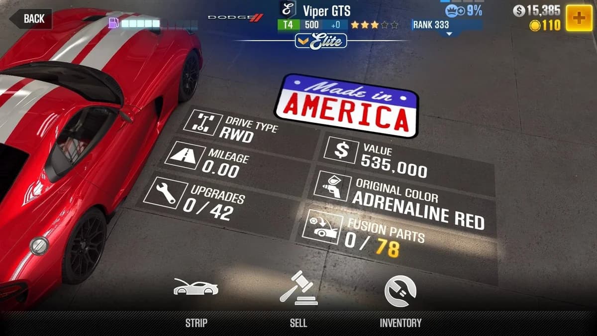 Dodge Viper GTS (E.C. Level 0) CSR2 fusion parts and upgrade breakdown, tier 4 gold star car