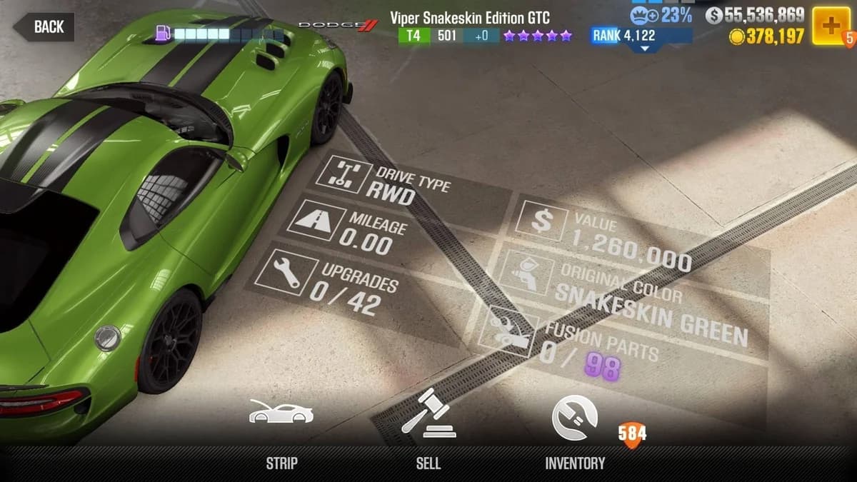 Dodge Viper Snakeskin Edition GTC CSR2 fusion parts and upgrade breakdown, tier 4 purple star car