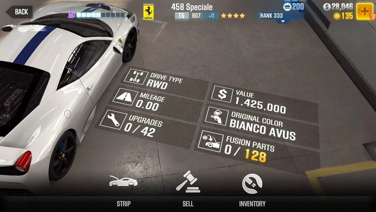 Ferrari 458 Speciale CSR2 fusion parts and upgrade breakdown, tier 5 gold star car