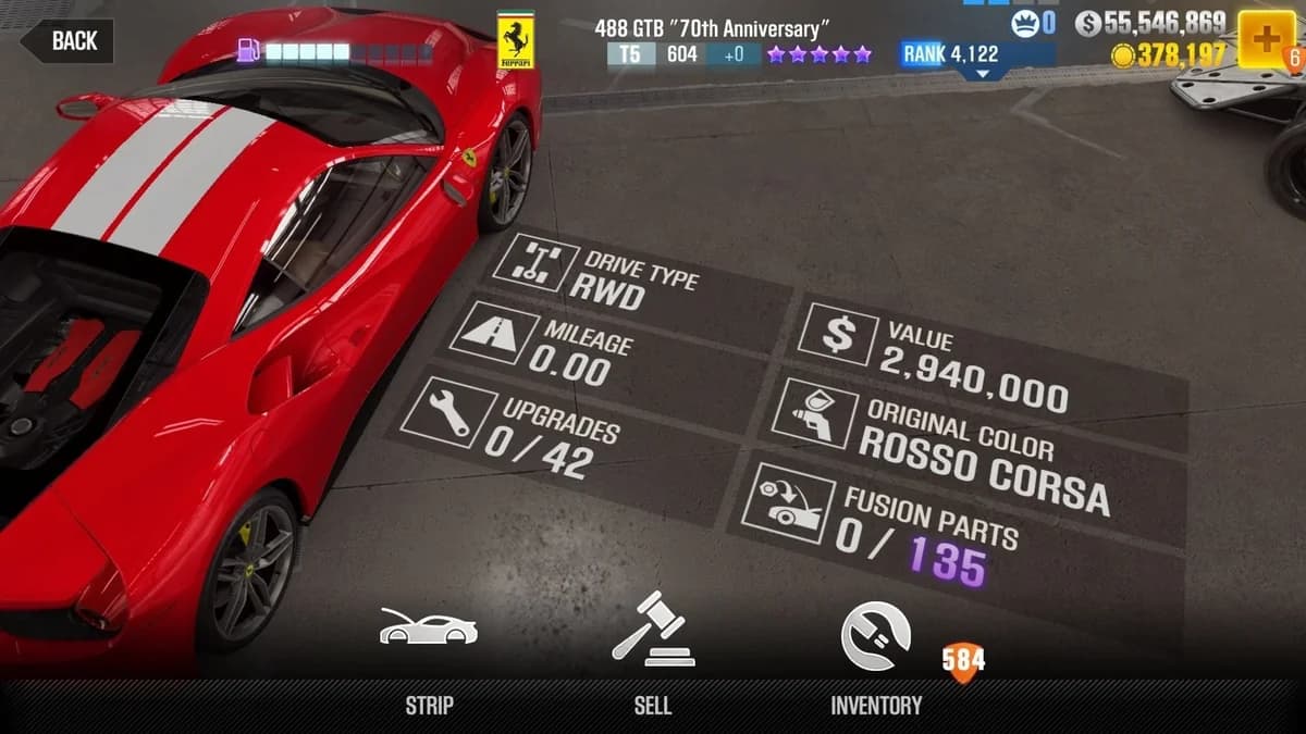 Ferrari 488 GTB ''70th Anniversary'' CSR2 fusion parts and upgrade breakdown, tier 5 purple star car