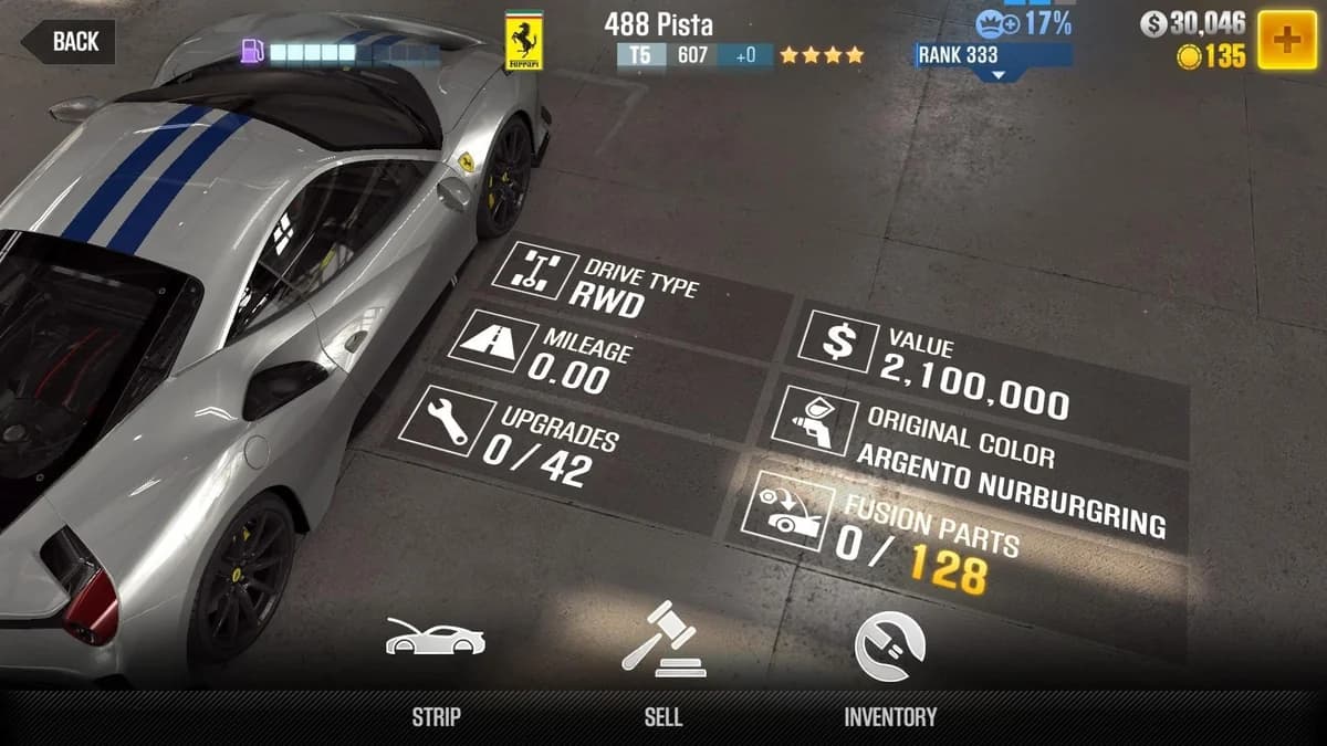 Ferrari 488 Pista CSR2 fusion parts and upgrade breakdown, tier 5 purple star car