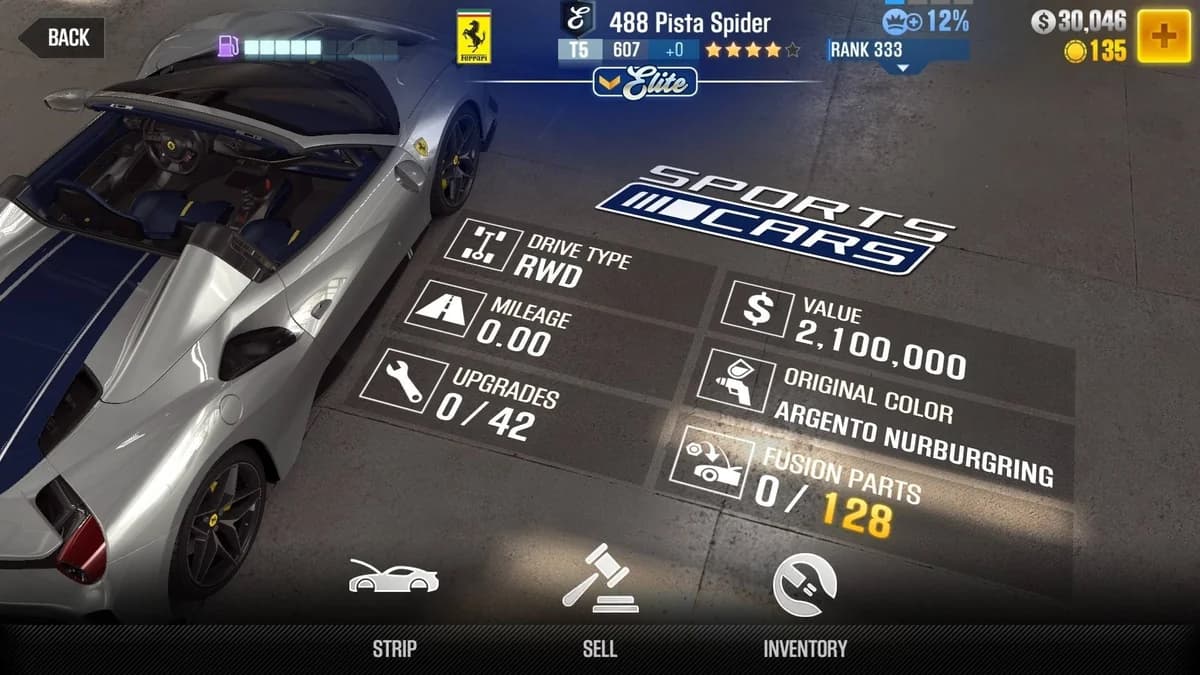Ferrari 488 Pista Spider (E.C. Level 0) CSR2 fusion parts and upgrade breakdown, tier 5 gold star car