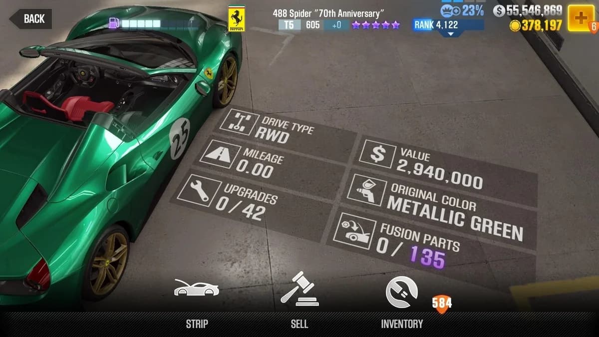 Ferrari 488 Spider ''70th Anniversary'' CSR2 fusion parts and upgrade breakdown, tier 5 purple star car