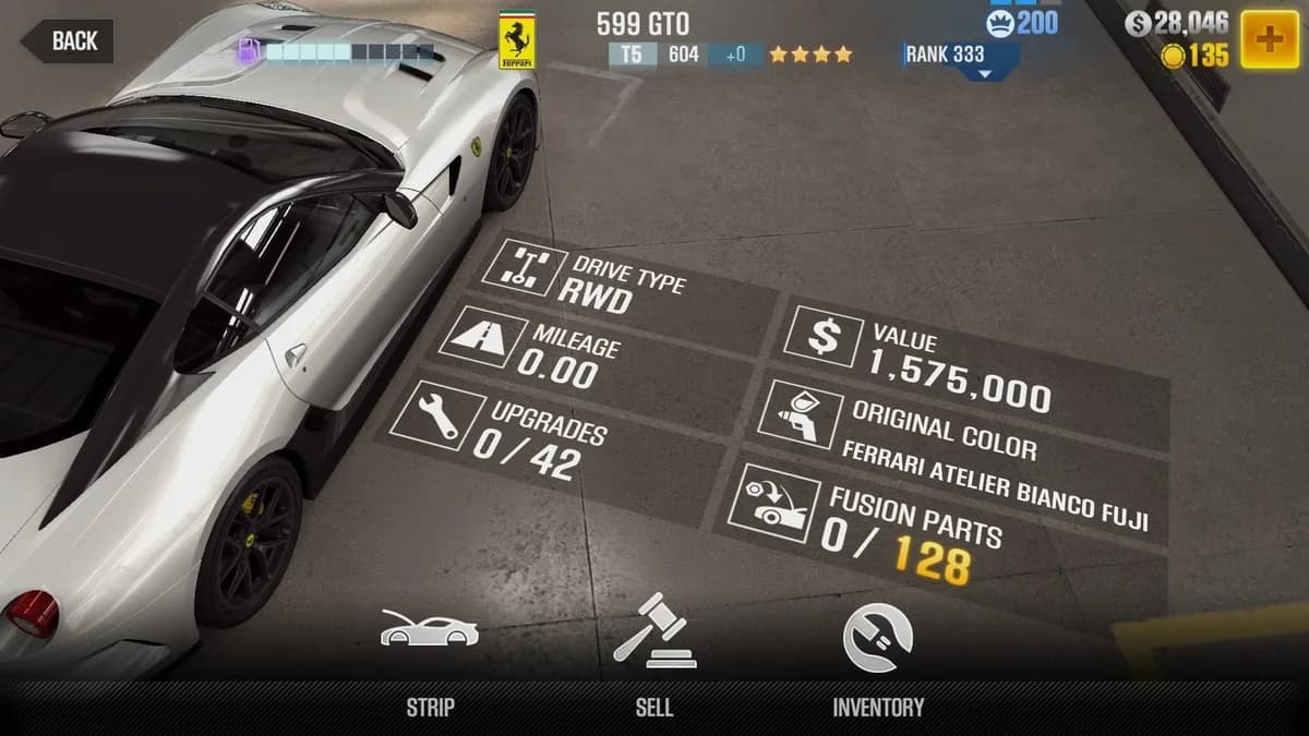 Ferrari 599 GTO CSR2 fusion parts and upgrade breakdown, tier 5 gold star car