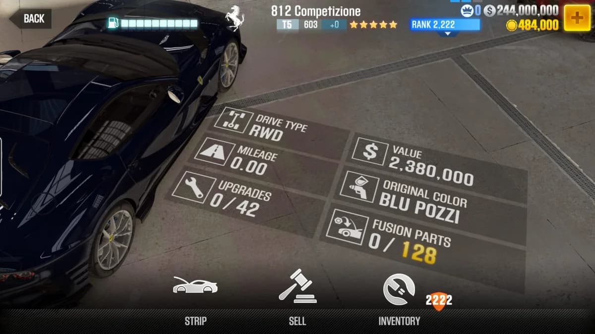Ferrari 812 Competizione (Evo) CSR2 fusion parts and upgrade breakdown, tier 5 purple star car