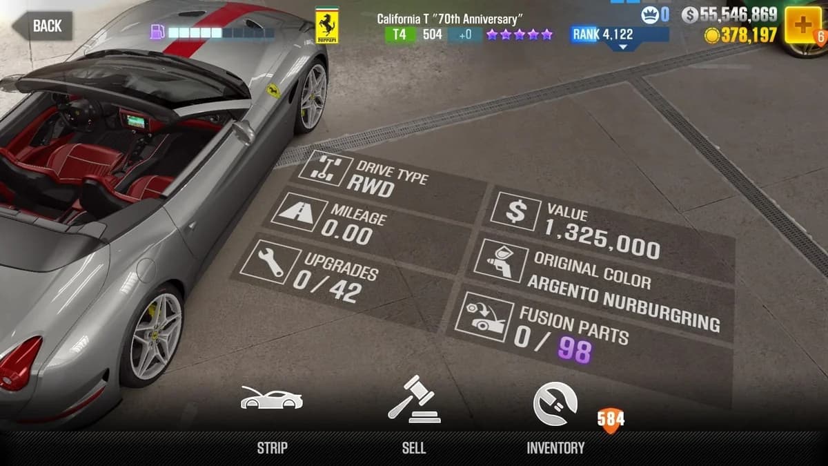 Ferrari California T ''70th Anniversary'' CSR2 fusion parts and upgrade breakdown, tier 4 purple star car