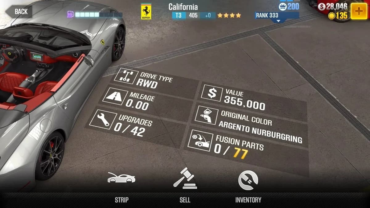 Ferrari California CSR2 fusion parts and upgrade breakdown, tier 3 gold star car